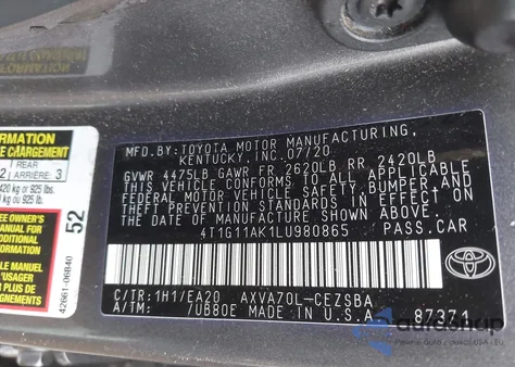 2020 Toyota Camry Se from USA, damaged, VIN 4T1G11AK1LU980865